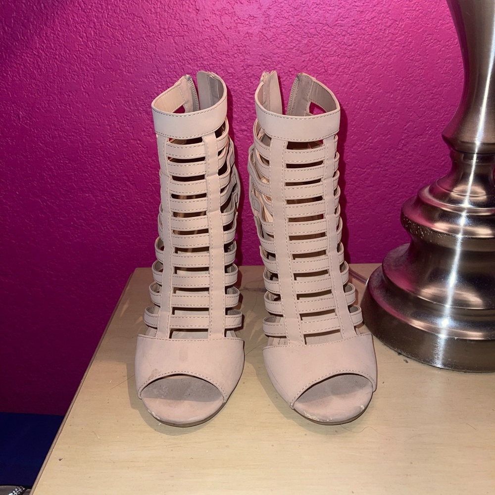BAMBOO Beige Strappy Heels